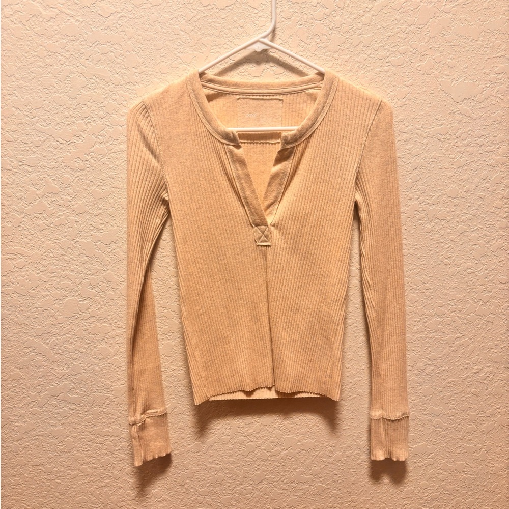 Aerie Beige Ribbed Long Sleeve Top